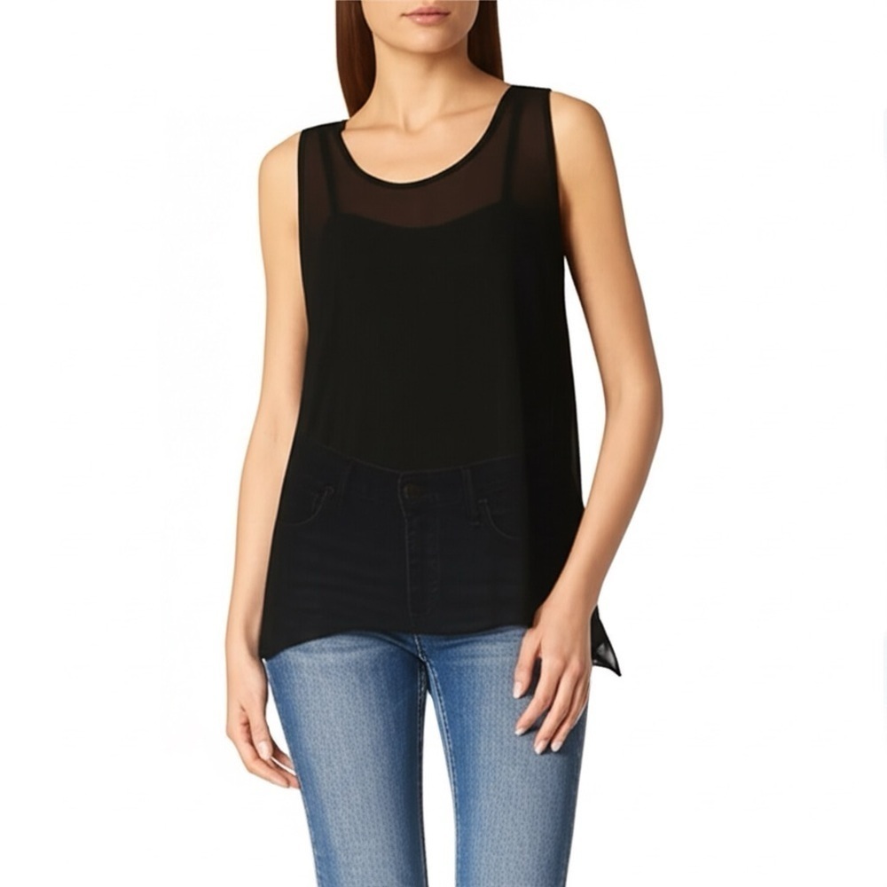 METAPHOR Women’s BLACK Split Back Sheer Overlay Top Size XS
